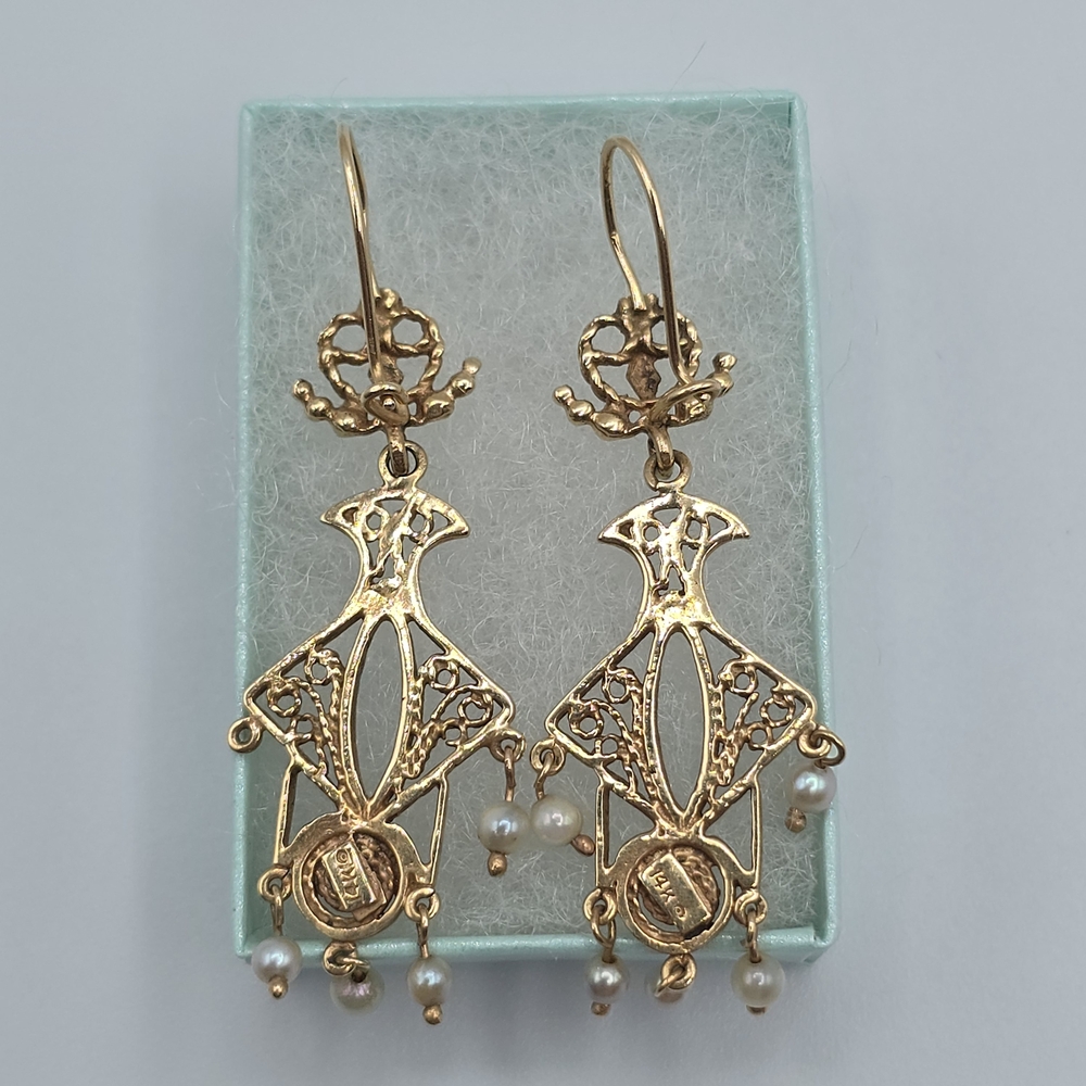 VTG 14K Yellow Gold Seed Pearl Drop Dangle Earrings LO Art Nouveau Revival MCM - Picture 5 of 14